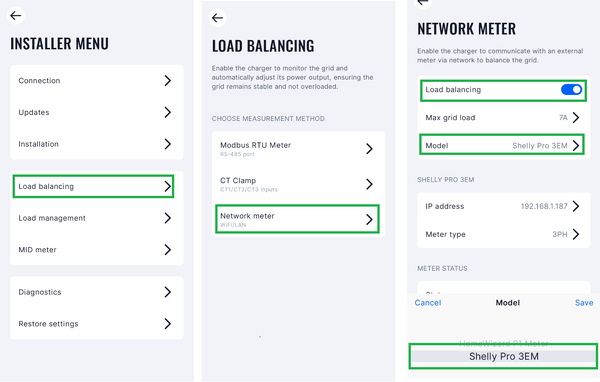 Selecting a network meter in the charger app